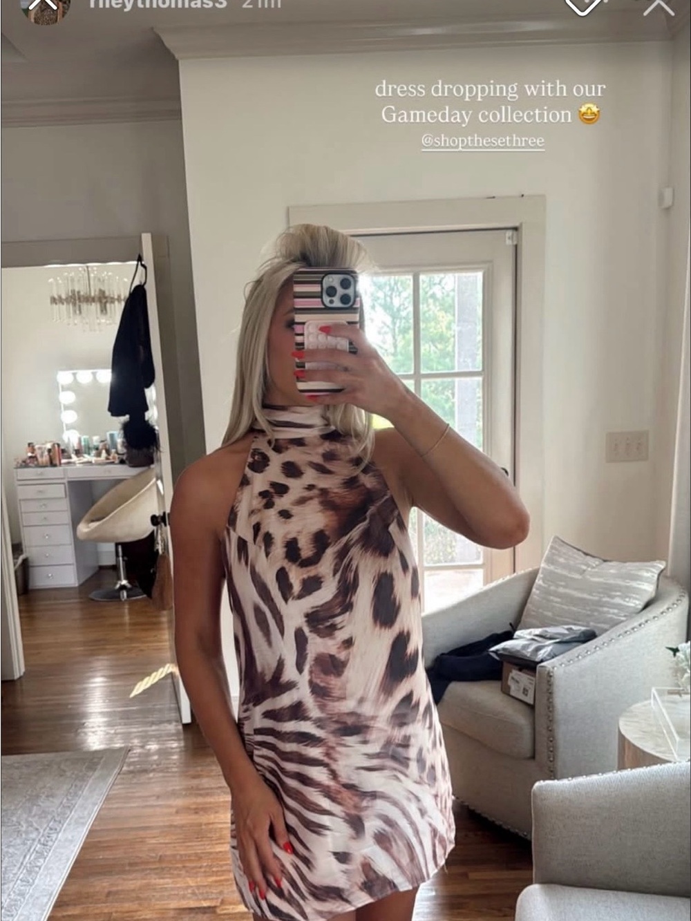 High-Neck Animal Print Mini Dress in Brown